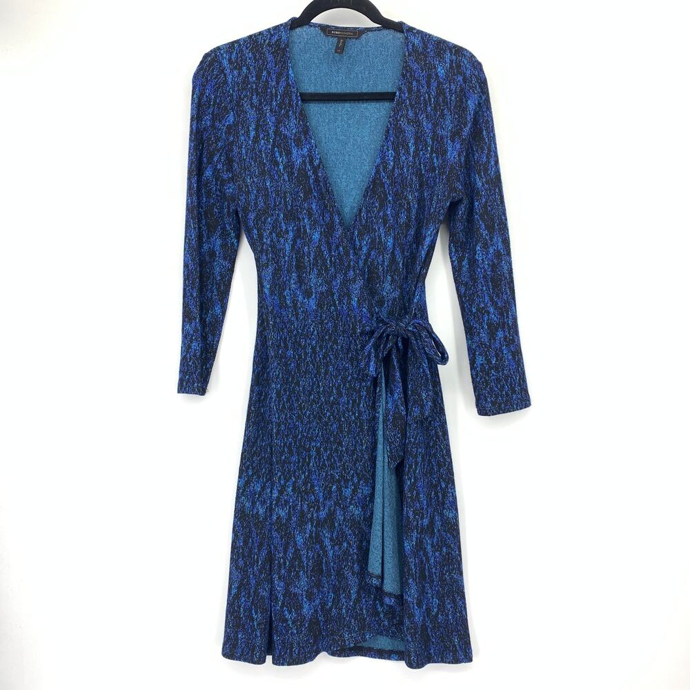 BCBGMaxazria Adele Knit Wrap Dress Womens Size XS Blue Black Print Above Knee
